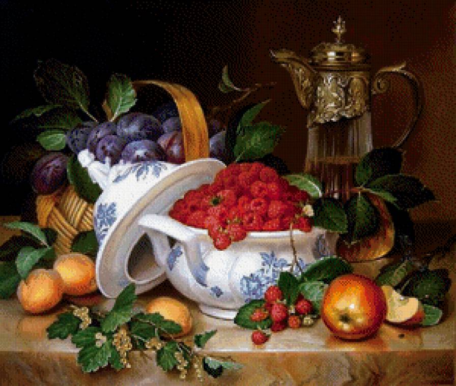 №642120 - картина, натюрморт, фрукты, кувшин, малина - предпросмотр