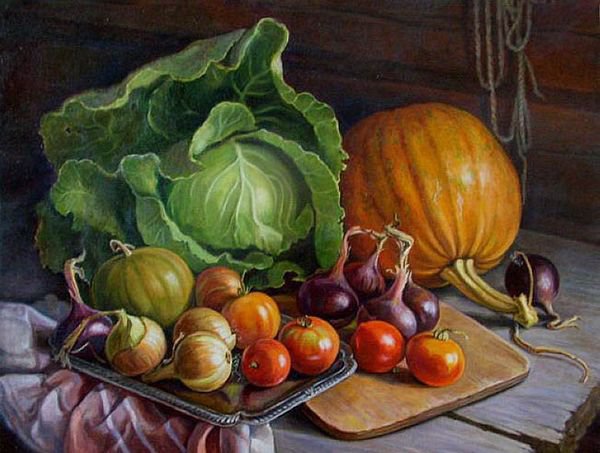 натюрморт с овощами - кухня, овощи, урожай, еда, натюрморт, живопись, тыква, капуста - оригинал