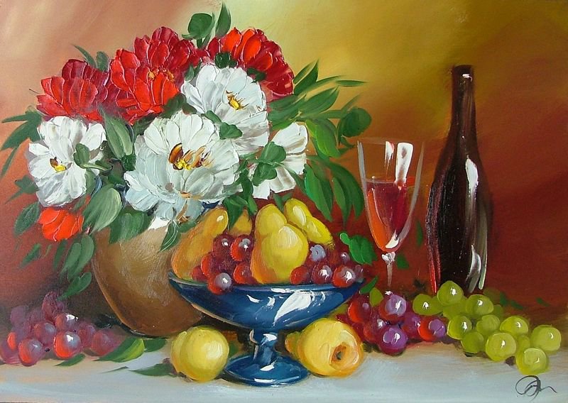 натюрморт с цветами, фруктами и вином - натюрморт, вино, ваза, виноград, кухня, фрукты, живопись, цветы - оригинал