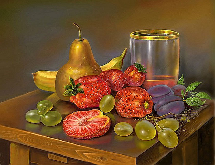 натюрморт с фруктами - натюрморт, кухня, еда, фрукты, виноград, клубника, живопись - оригинал