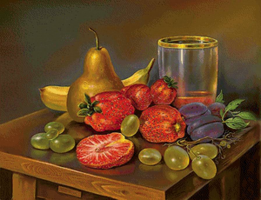 натюрморт с фруктами - клубника, живопись, кухня, еда, натюрморт, виноград, фрукты - предпросмотр
