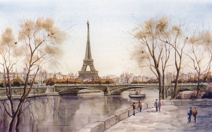 №644643 - картина, мост, пейзаж, река, париж, природа, город, эйфелева башня - оригинал