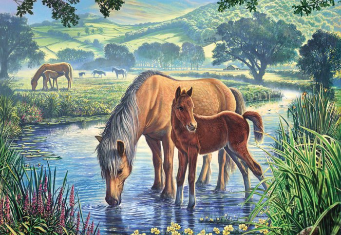 лошади у речки - картина лошади - оригинал