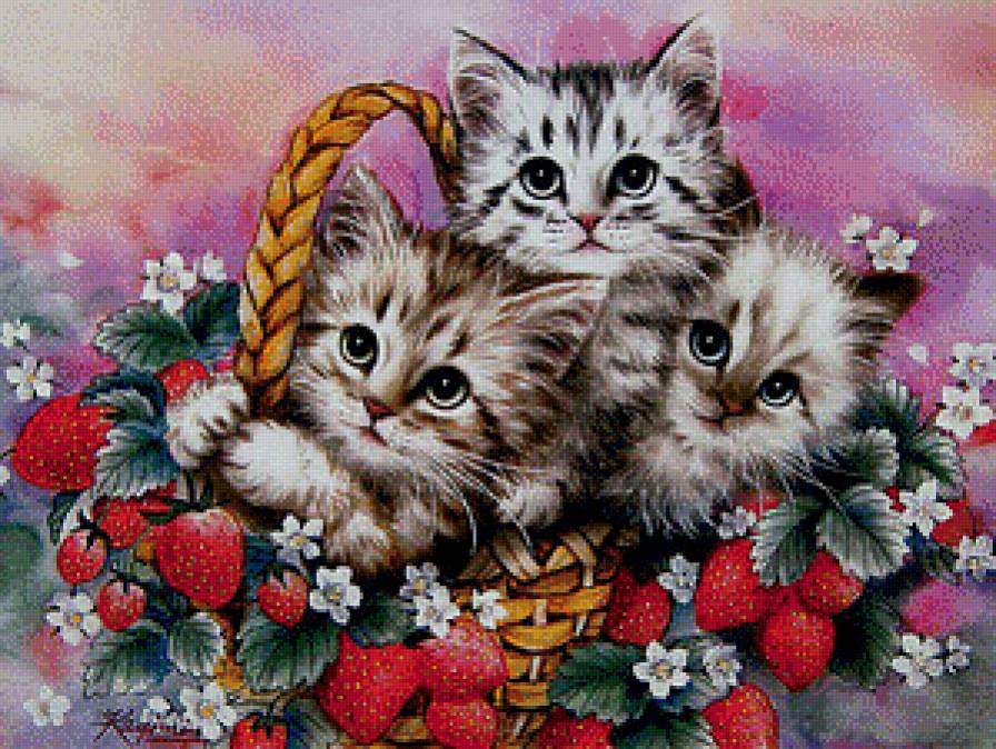 Котята в корзинке - котята, корзинка, клубника, животные - предпросмотр