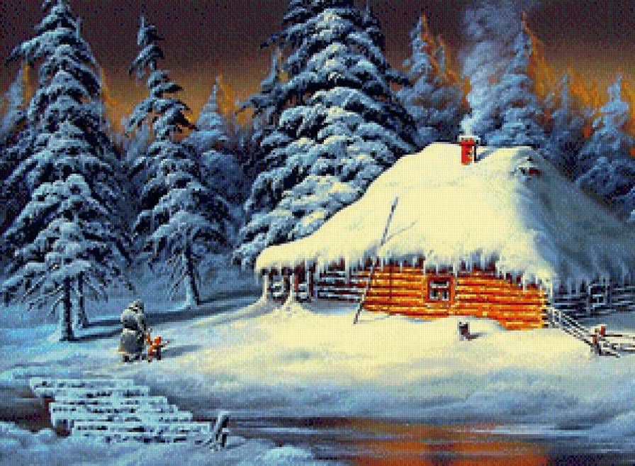 Морозная ночь - домик, река, зима, мостик, пейзаж, снег, ночь - предпросмотр
