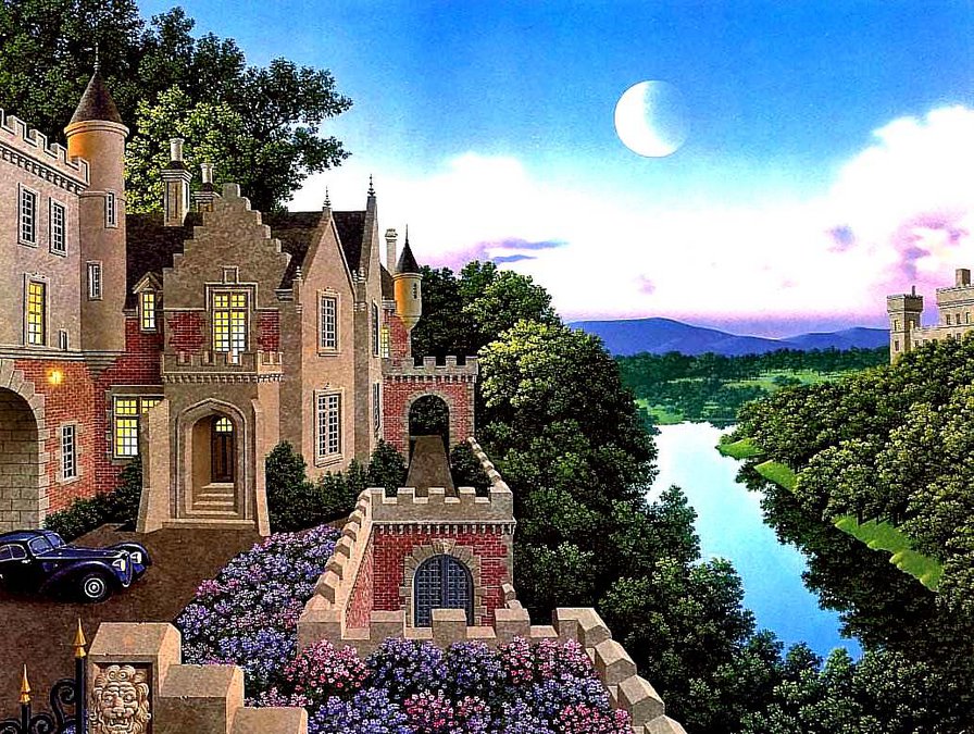 Старый замок - цветы, замок, вид, ночь, пейзаж, луна, река - оригинал