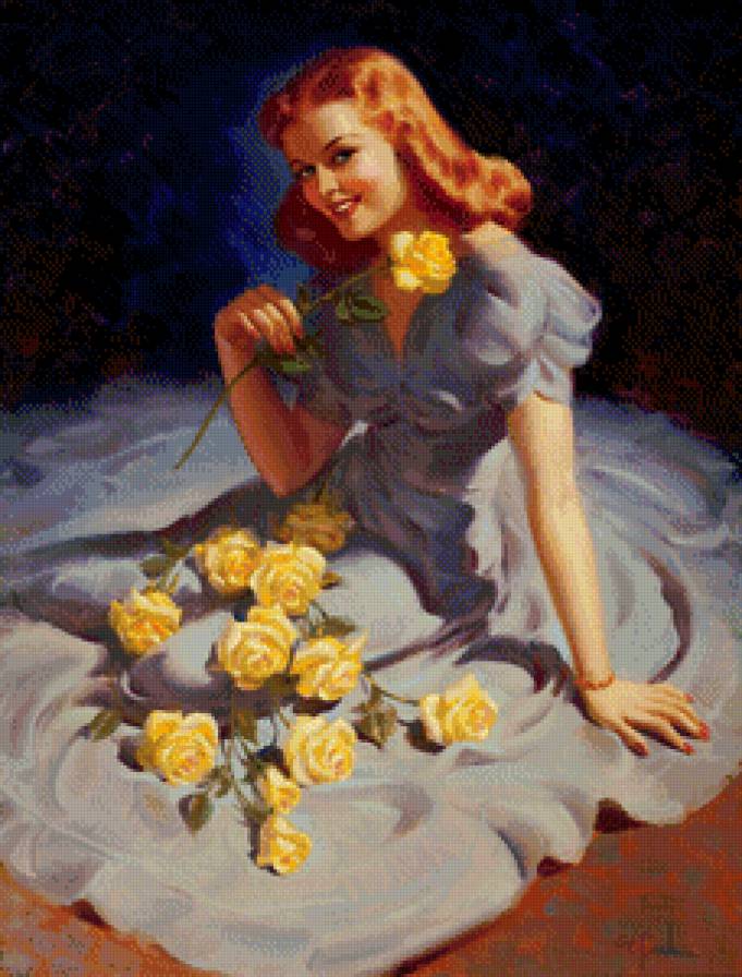 девушка с жёлтыми розами - девушка, розы, ретро, цветы, женщина, портрет - предпросмотр