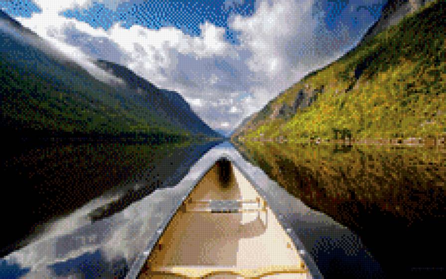 лодка - горы, отражение, лодка, пейзаж - предпросмотр