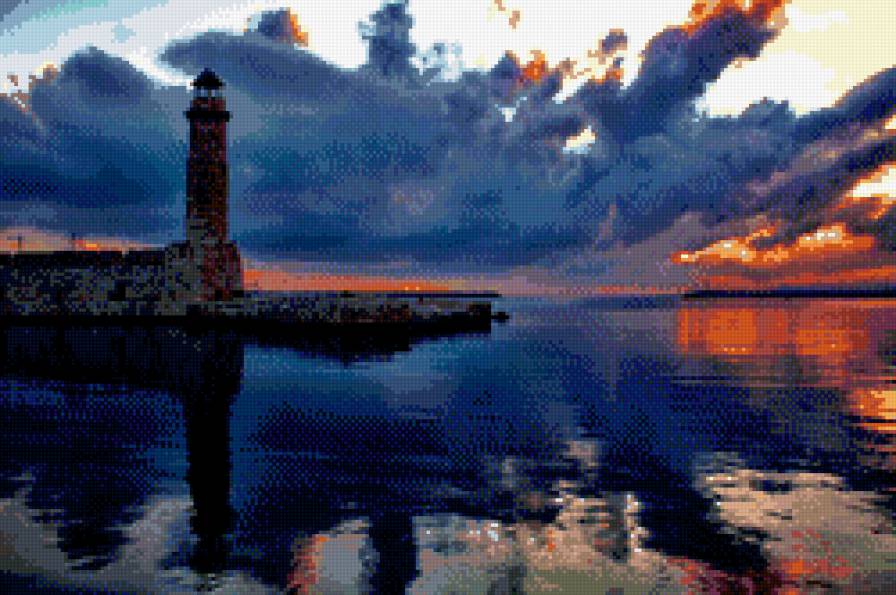 маяк на закате - облака, закат, море, маяк, отражение, горизонт - предпросмотр