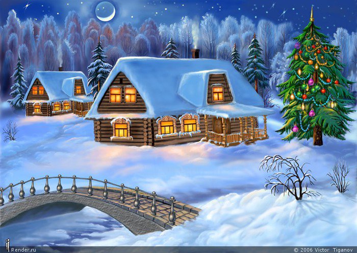 новогодний вечер - рождество, деревня, пейзаж, новый год, снег, зима, мост - оригинал