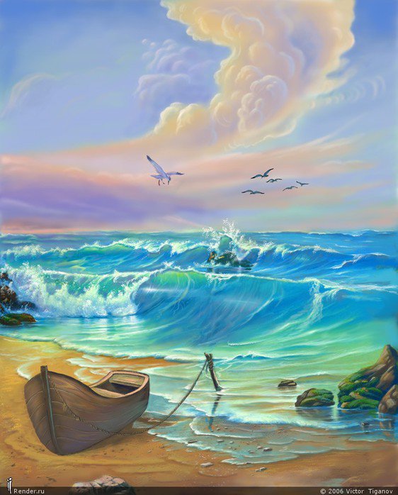 морской пейзаж с лодкой - природа, лодка, море, лето, пейзаж, живопись, чайки - оригинал