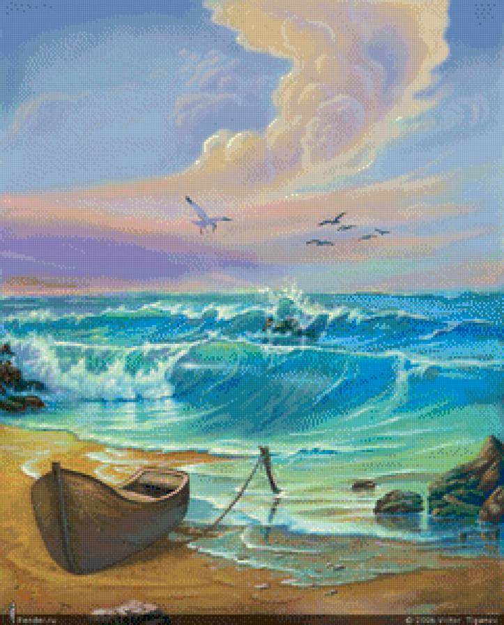 морской пейзаж с лодкой - чайки, природа, живопись, лето, лодка, море, пейзаж - предпросмотр