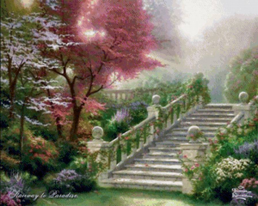 весений сад - живопись, природа, весна, нежность, лестница, сад, цветы - предпросмотр