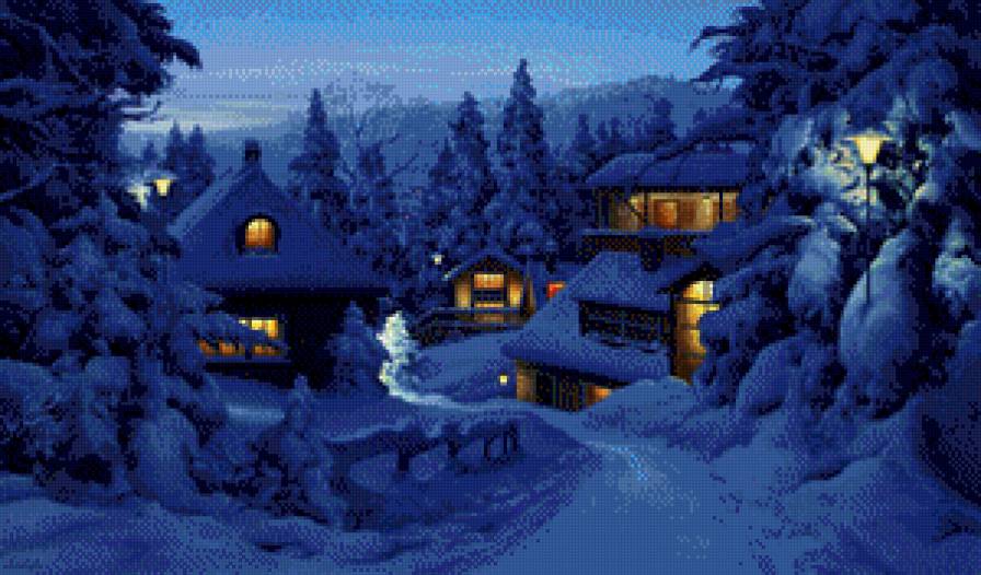 зимний вечер в горном посёлке - домик, снег, уют, вечер, зима, горы, пейзаж, природа - предпросмотр