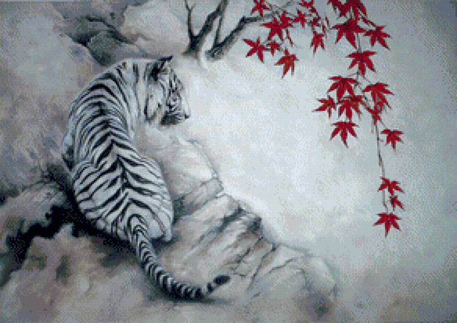 Белый тигр и красный клен - тигр, клен, белый - предпросмотр