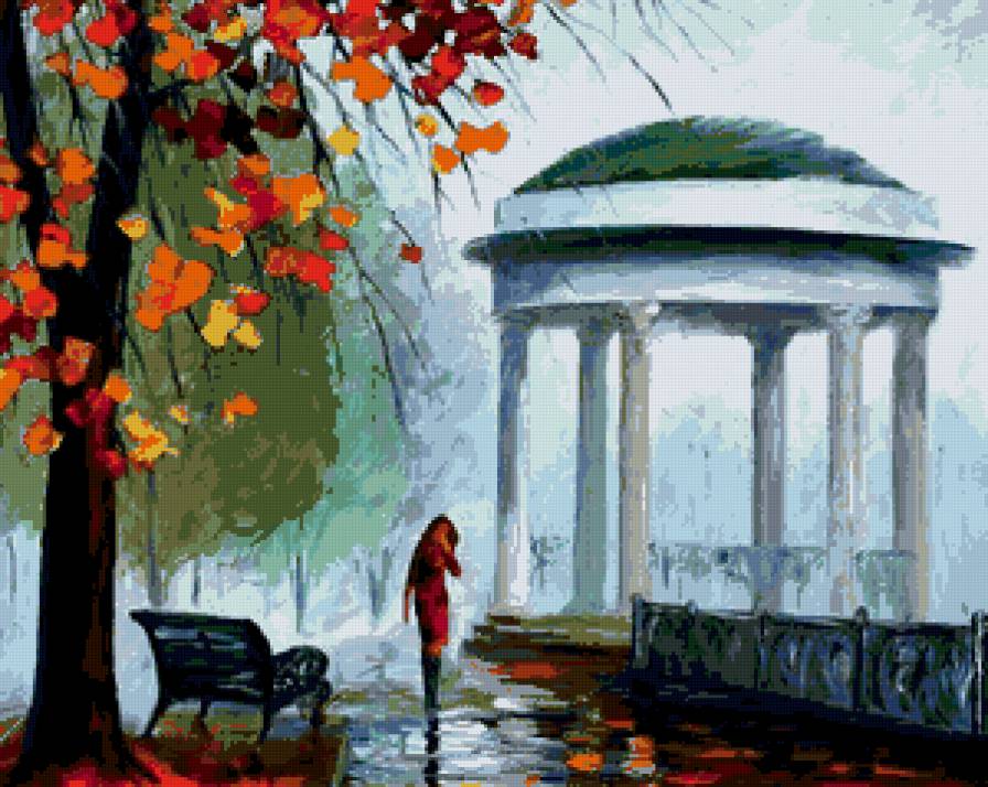 дождливая осень - пейзаж, парк, картина, деревья, осень, туман - предпросмотр