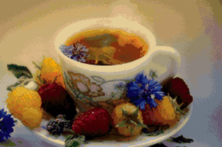 чашка чая с ягодами - еда, ягоды, натюрморт, кухня, чашка - предпросмотр