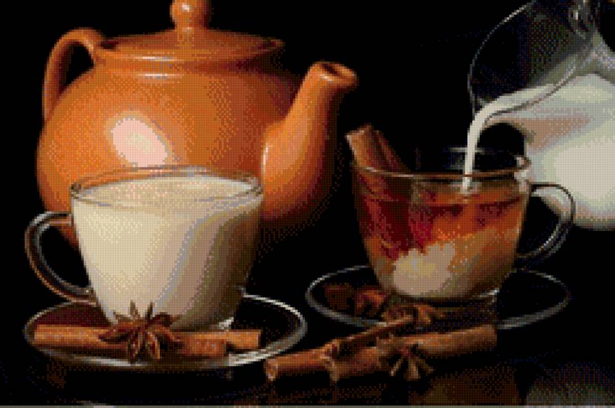 чайник  и чашкой с молоком - чайник, чашки, корица, чай, кухня, молоко - предпросмотр