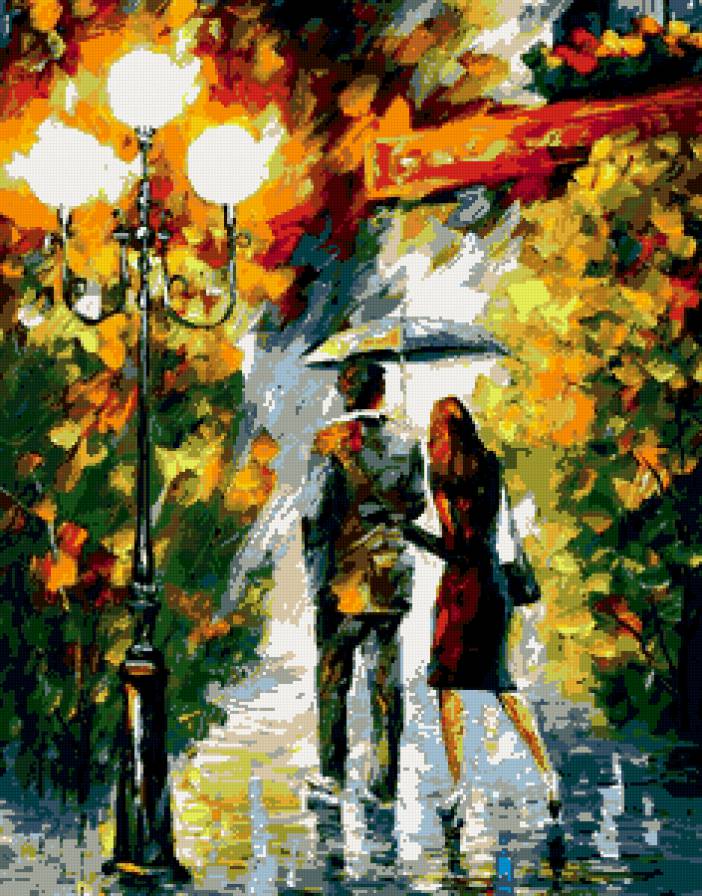 дождливая осень - картина, пано, фонарь, город, пара, осень - предпросмотр