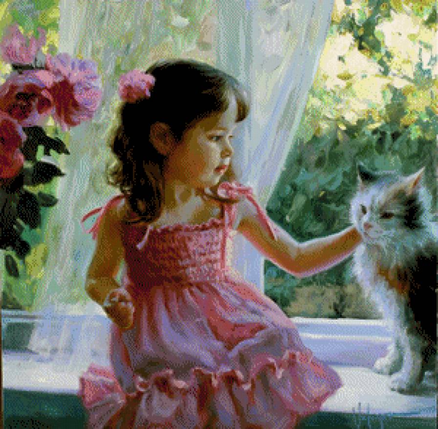 девочка с котиком - кот, живопись, окно, кошка, природа, девочка, ребенок - предпросмотр