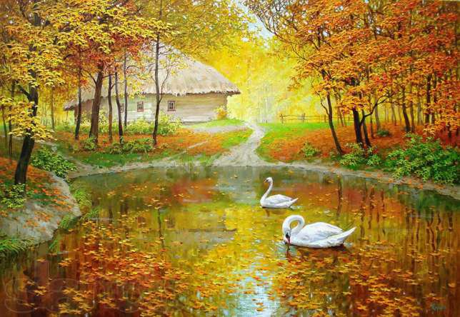 осенний пруд с лебедями - природа, лебеди, осень, пейзаж, домик, пруд - оригинал