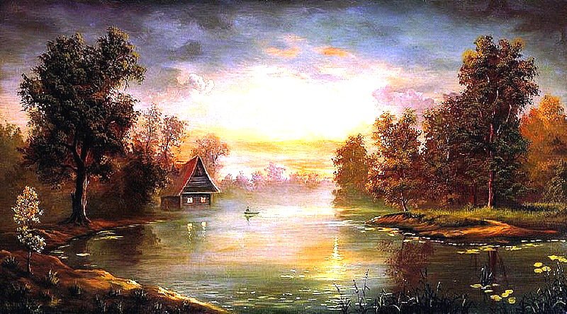 восход над озером - пейзаж, озеро, дом, осень - оригинал