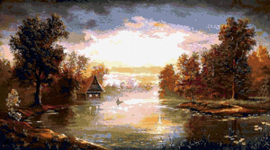восход над озером - осень, пейзаж, дом, озеро - предпросмотр