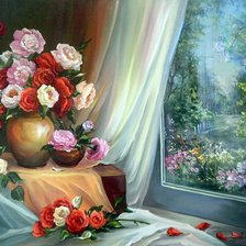 Оригинал схемы вышивки «букет цветов у окна» (№653290)