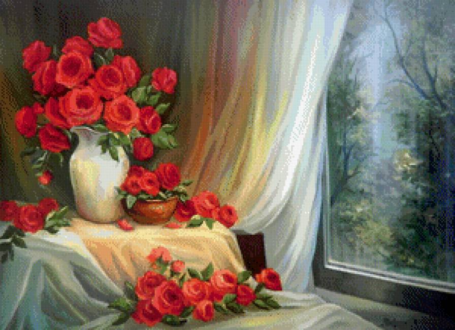 красные розы у окна - лето, цветы, букет, живопись, розы, окно - предпросмотр