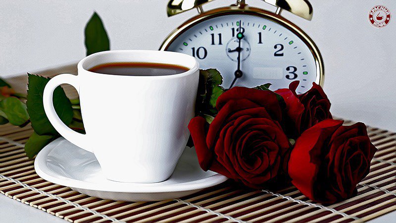 Утренний кофе - часы, букет, розы, чашка, кофе - оригинал