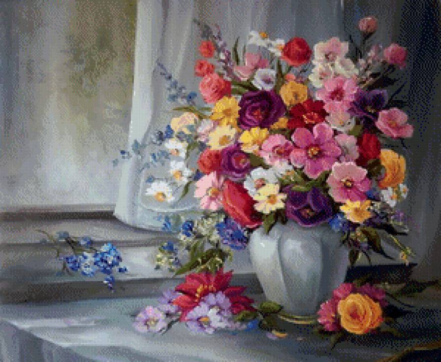 ваза с цветами - натюрморт, ваза, букет, живопись, цветы, картина - предпросмотр