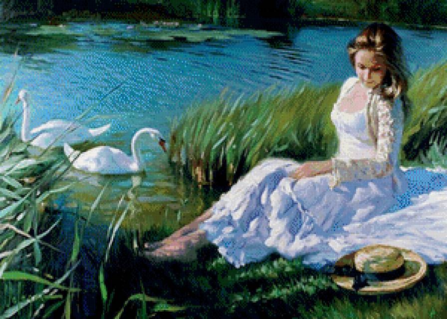 девушка у озера с лебедями - лебедь, девушка, живопись, озеро, пруд, женщина, природа, лето - предпросмотр