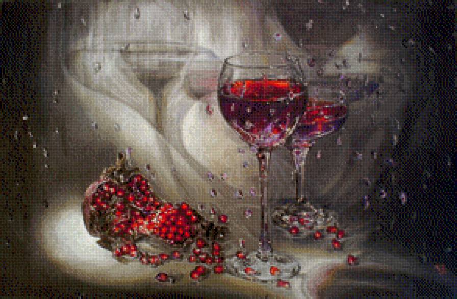 Гранатовое вино 2 - натюрморт, бокал, вино, картина, гранат - предпросмотр