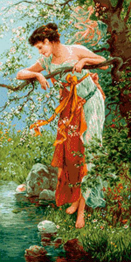 Девушка у ручья - девушка, ручей, цветы - предпросмотр
