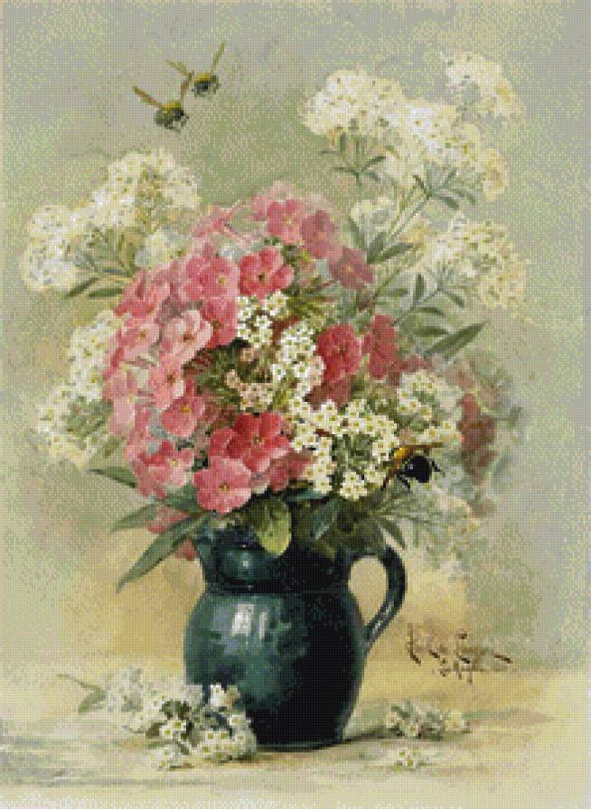 букет цветов в кувшине - цветы, картина, натюрморт, букет, ваза, кувшин, живопись, пчела - предпросмотр