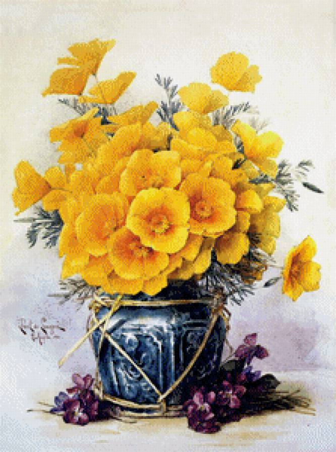 жёлтые цветы в вазе - букет, ваза, живопись, натюрморт, цветы, картина - предпросмотр