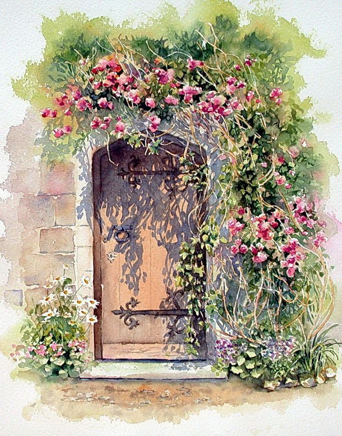 Дверца - дверь, гирлянда из роз, цветы - оригинал