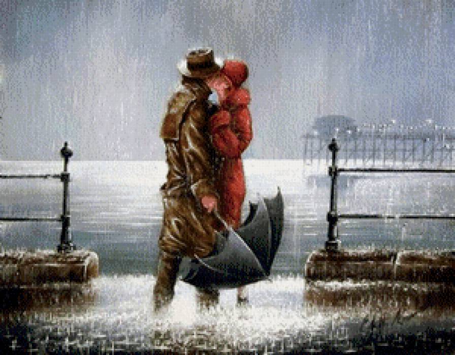 Поцелуй под дождем - дождь, мужчина, зонтженщина, поцелуй - предпросмотр