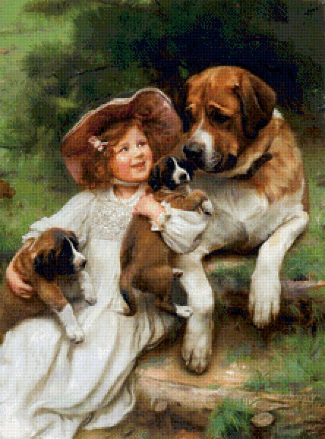 Девочка с собаками - девочка, щенок, дружба, собака, ребенок - предпросмотр