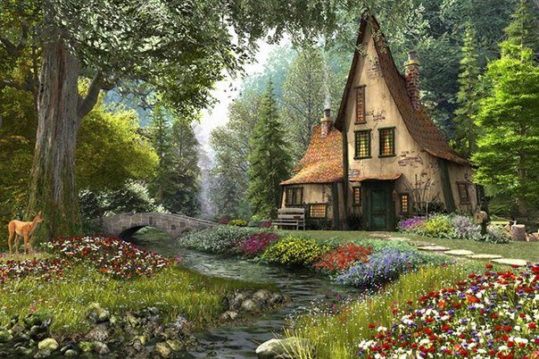 Домик в лесу - лес, река, деревья, цветы, дом - оригинал