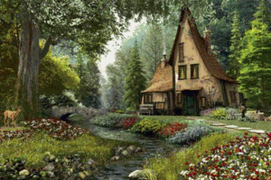 Домик в лесу - лес, деревья, дом, река, цветы - предпросмотр