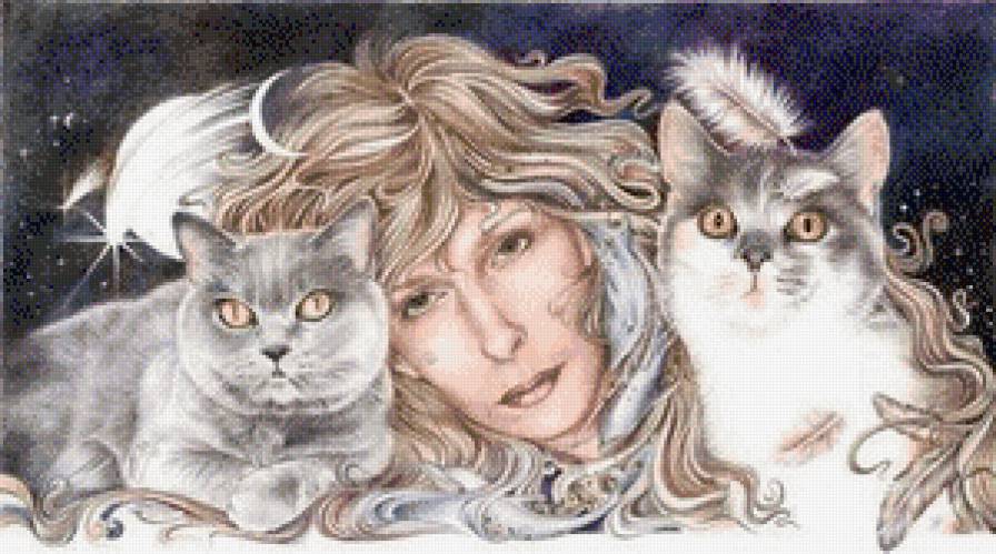 девушка с котами - фентэзи, кот, животные, портрет, девушка, женщина, кошка - предпросмотр
