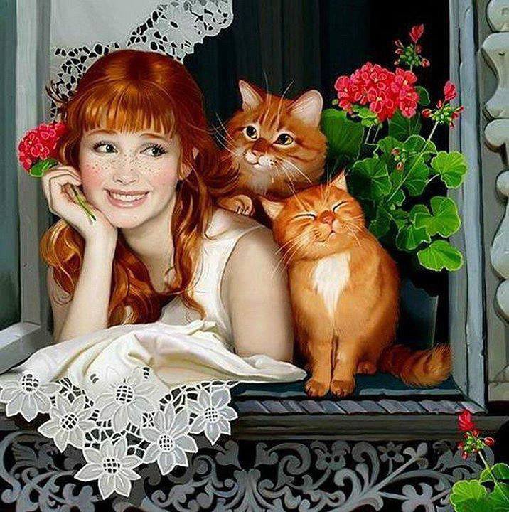 На окошке - кошки, окно, цветы, девочка, лето - оригинал