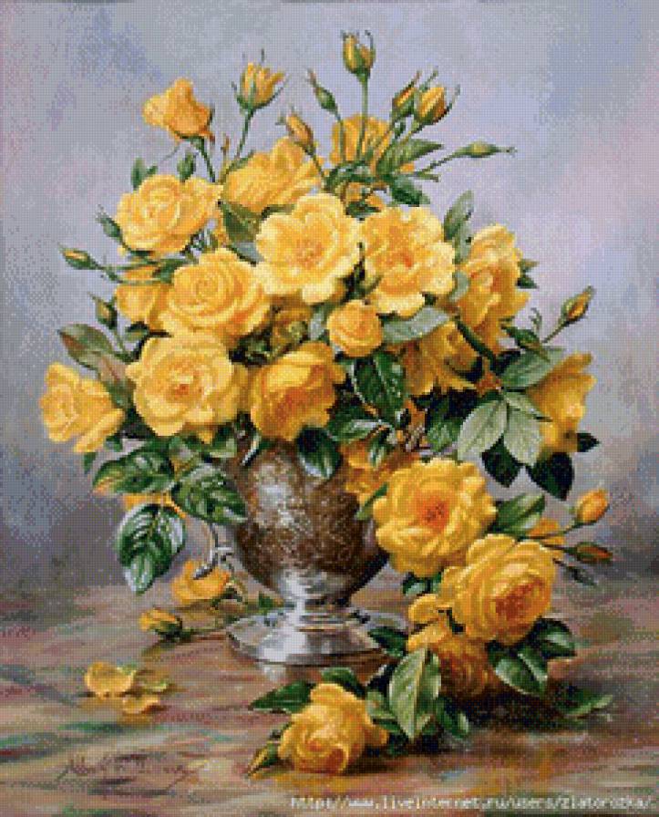 букет жёлтых роз - натюрморт, живопись, цветы, розы, ваза, букет, картина - предпросмотр