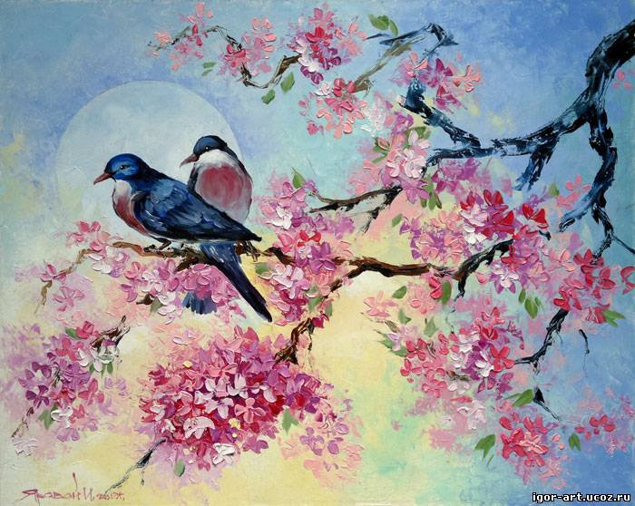 птицы на сакуре - ветка, сакура, япония, птицы, восток, рассвет, весна - оригинал