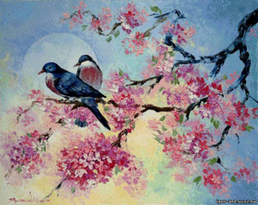 птицы на сакуре - япония, сакура, ветка, восток, рассвет, птицы, весна - предпросмотр