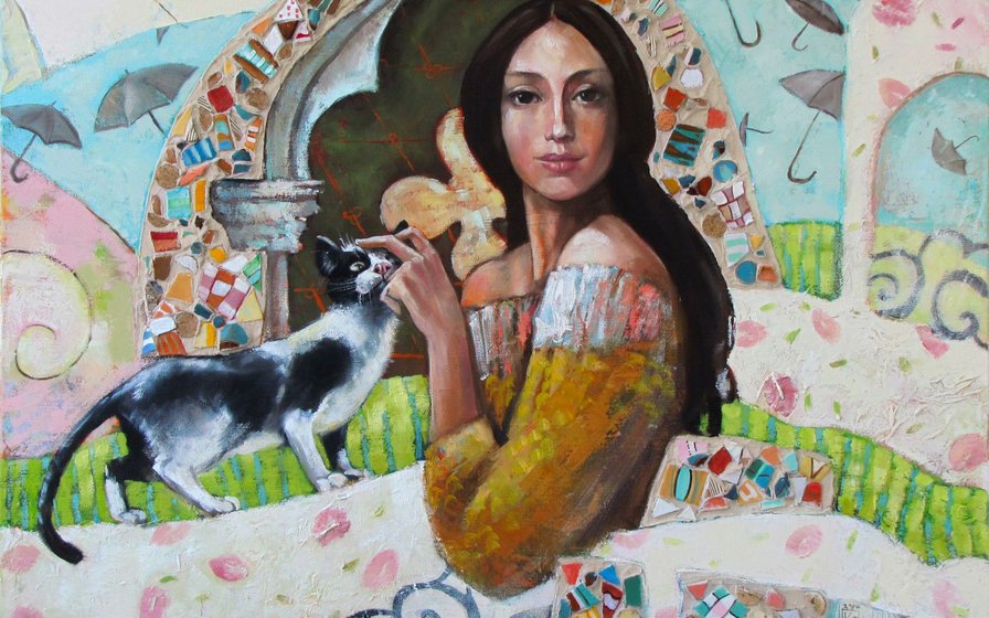 девушка с кошкой - картина, кошка, девушка - оригинал