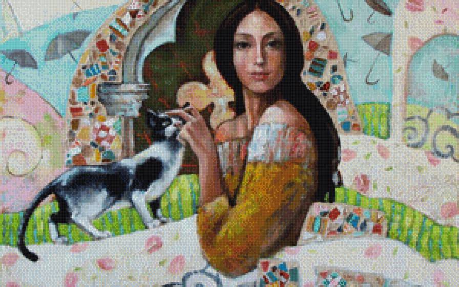 девушка с кошкой - кошка, картина, девушка - предпросмотр