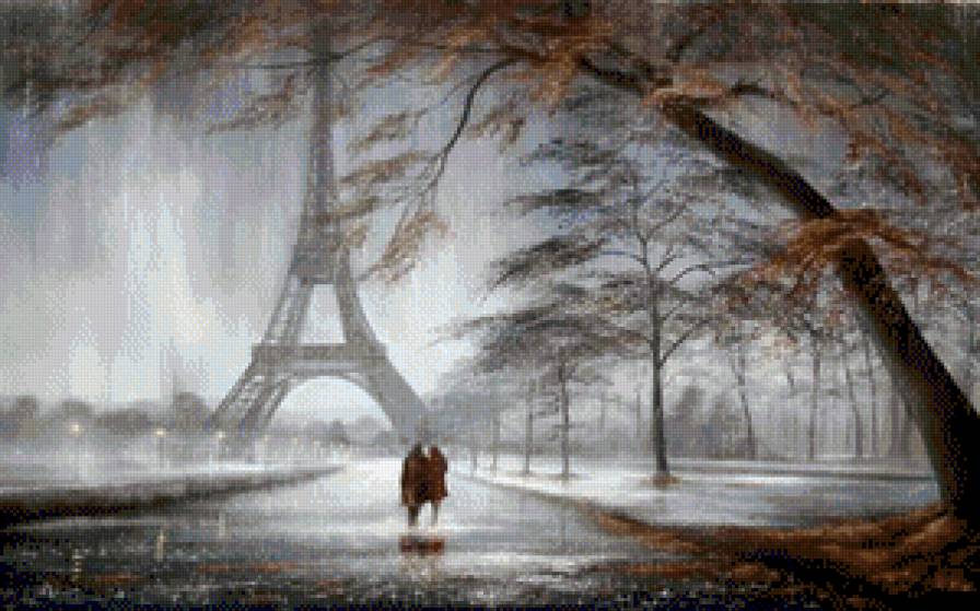 Осень в Париже - париж, эйфелевая башня, вечер, туман, пара, осень - предпросмотр
