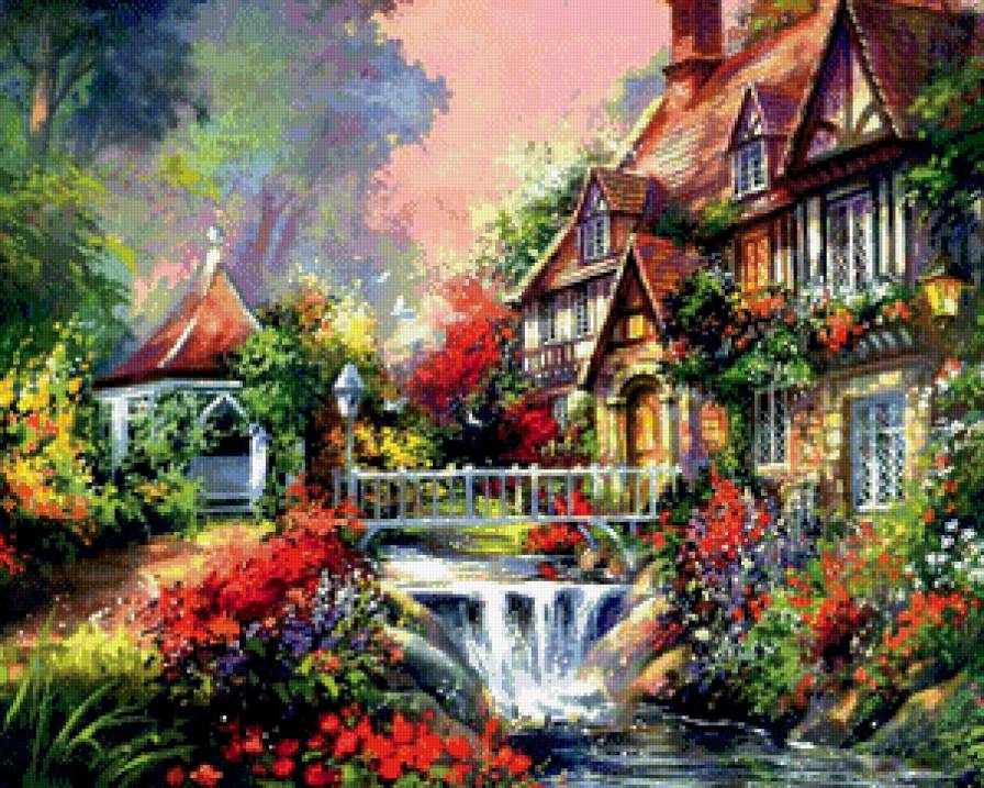 красочный дом в саду - беседка, краски, дом, цветы, сад, живопись - предпросмотр